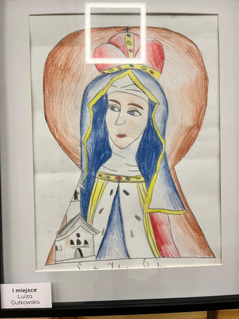 Praca plastyczna uczennicy klasy 4 b na konkurs o św. Jadwidze Śląskiej- praca zawiera portret Św. Jadwigi Śląskiej widziany przez dziurkę od klucza. 