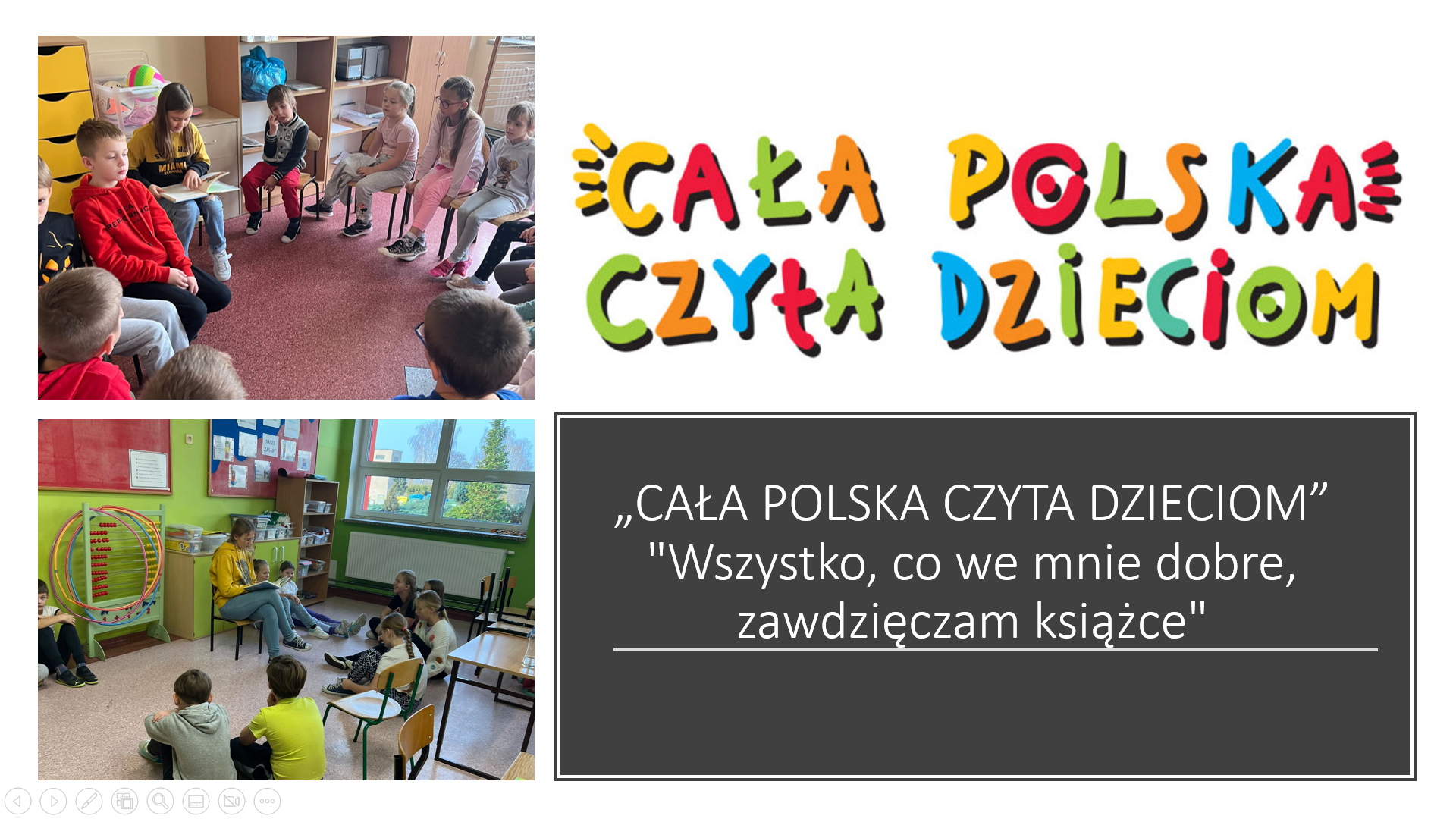 "Cała Polska czyta dzieciom". Uczniowie z Samorzadu Uczniowskiego czytają młodszym koleżankom i kolegom.