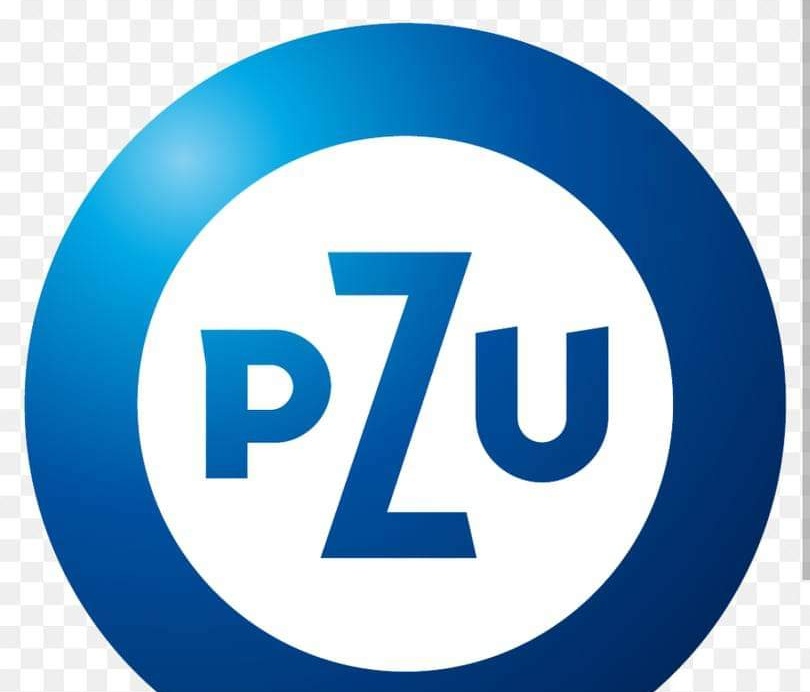 Niebiesko-białe logo Fundacji  PZU. Napis PZU jest koloru niebieskiego. 