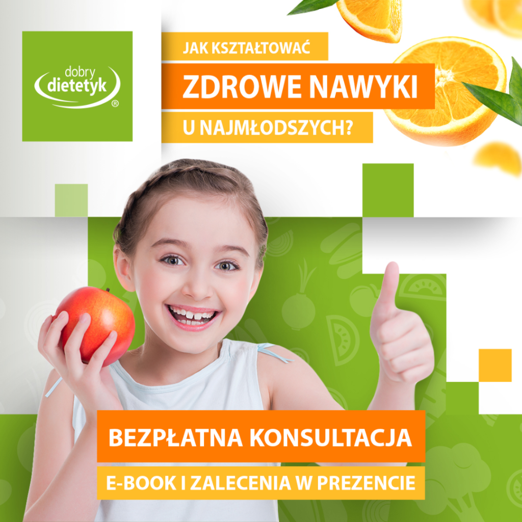 Ogólnopolski projekt badawczo-edukacyjny "Zdrowa klasa". Na obrazku znajduje się dziewczynka i trzyma w prawej ręce zielone jabłko, pod  nią napis: bezpłatna konsultacja e-book i zalecenia w prezencie.