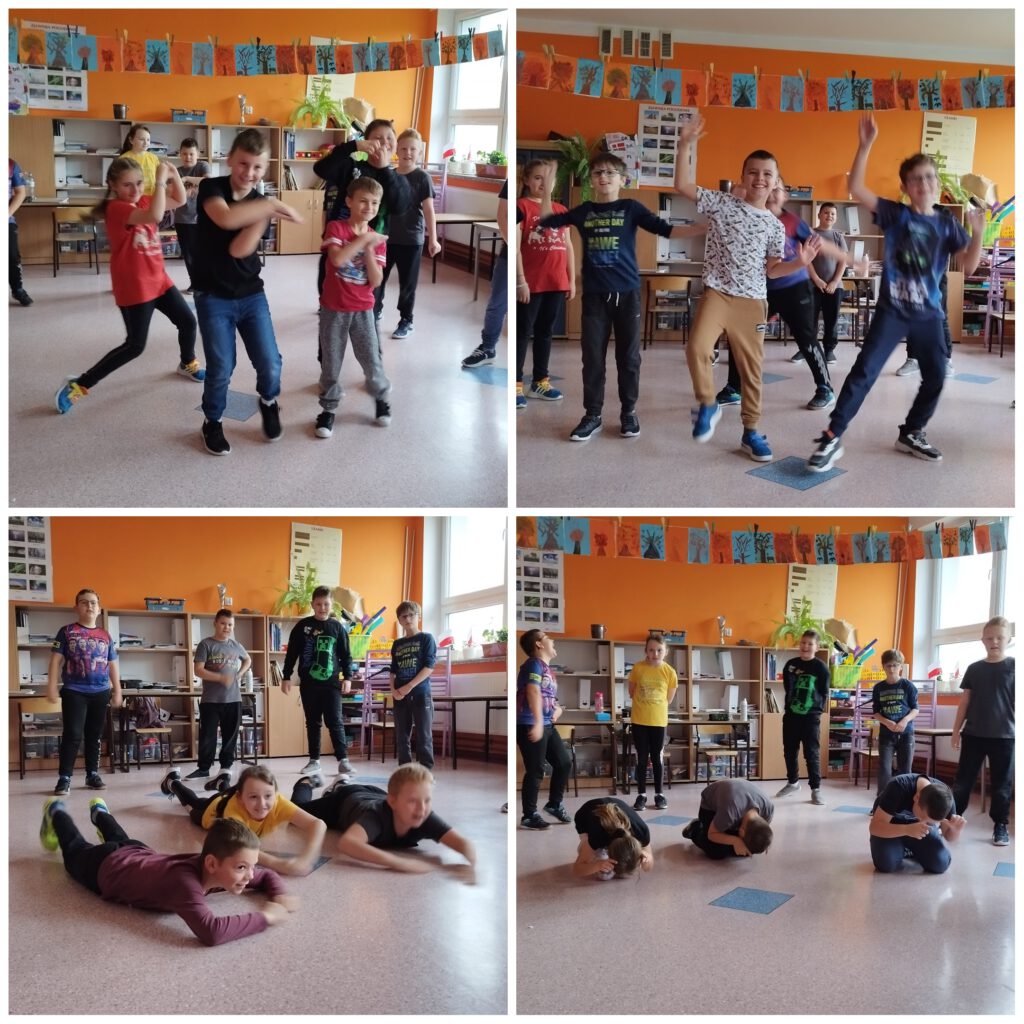 Projekt #ActiveSisterSchools. Na zdjęciu uczniowie wykonują różne ruchy taneczne naśladując zwierzątka. 
