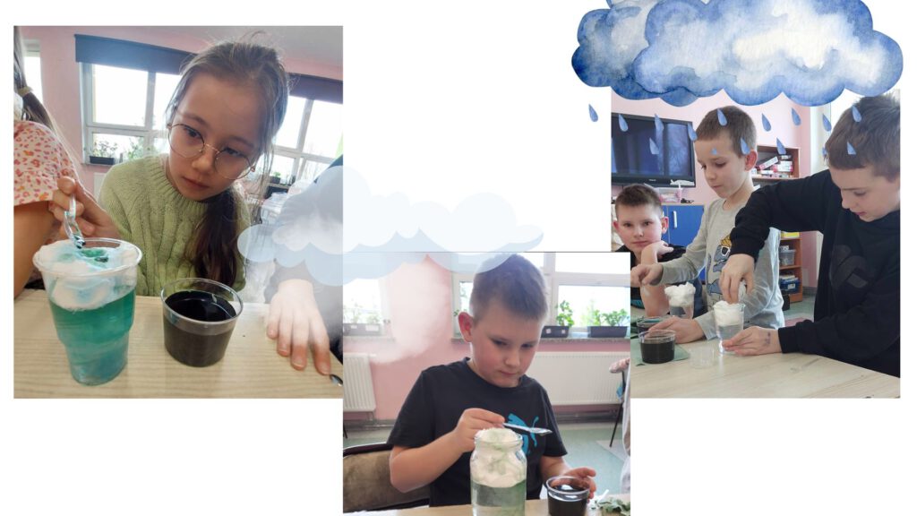 "Luźne lekcje z naukowcami"- deszczowa chmurka. 
Uczniowie wykonują eksperyment deszczowa chmurka. 