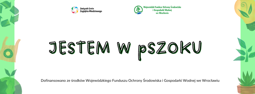 Obrazek przedstawia nazwę projektu "Jestem w pSzoku", na obrazki logo Związku Gmin Zagłębia Miedziowego.