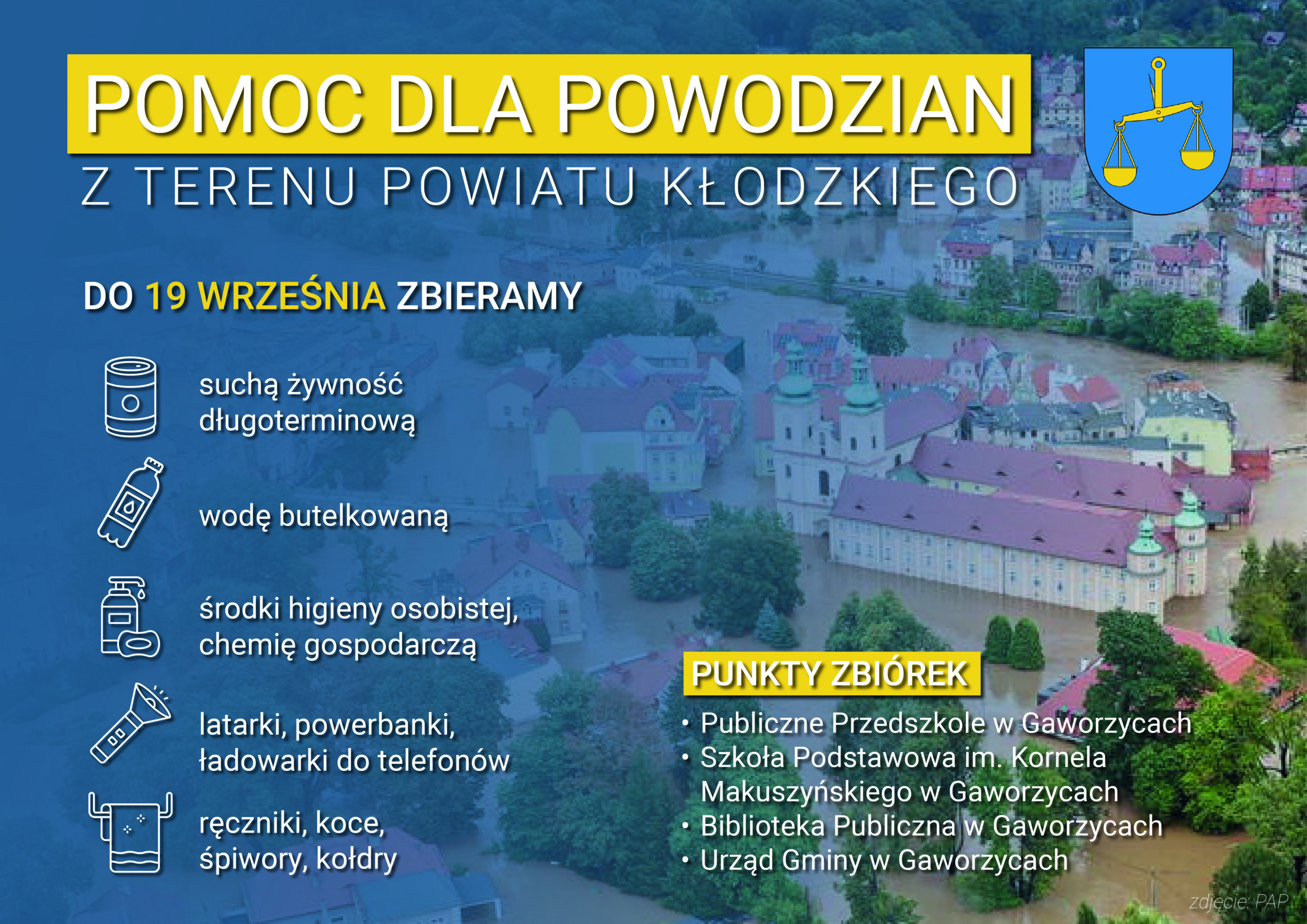 Obrazek zawiera informacje na temat pomocy dla powodzian z terenu powiatu kłodzkiego.