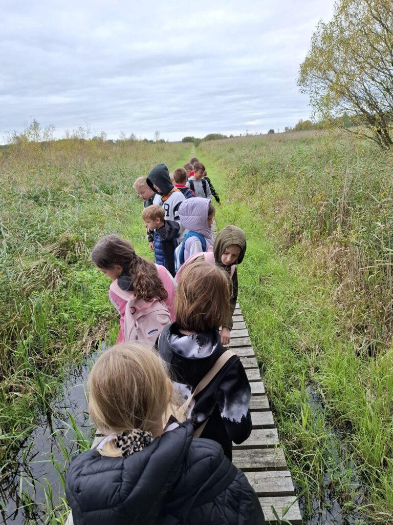 Na zdjęciu uczniowie, którzy weszli na kładkę dydaktyczną na terenie Przemkowskiego Parku Krajobrazowego.