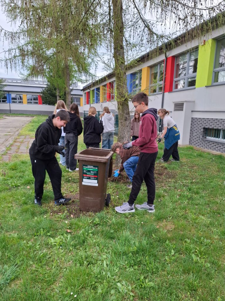 Na zdjęciu uczniowie klasy 7a plewiący chwasty i grabiący trawę na szkolnym terenie zielonym w ramach akcji - Dzień Ziemi.