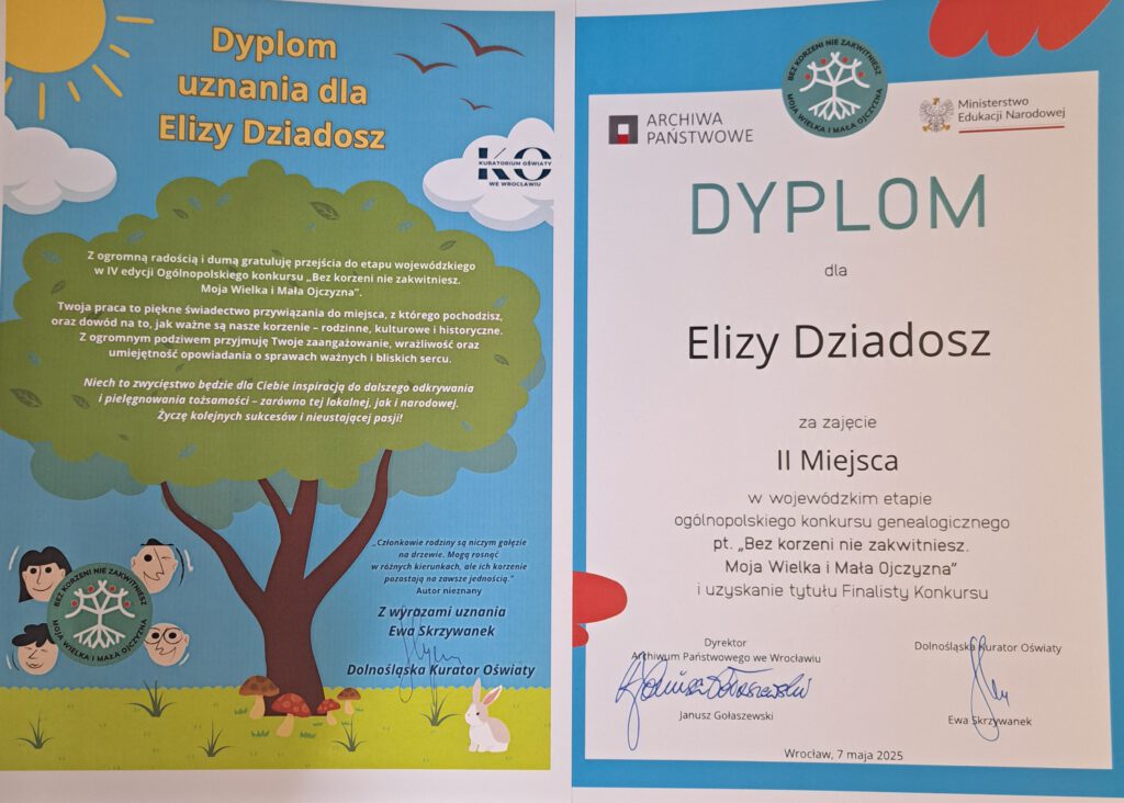 To dyplom Elizy za zajęcie 2 miejsca w konkursie. Tekst z gratulacjami osadzony jest w zielonej koronie drzewa. Na górze dyplomu znajduje się żółte słońce i białe chmury.
