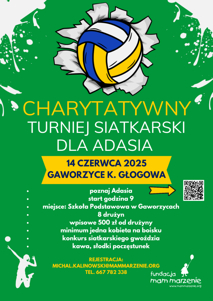 Na zdjęciu na zielonym tle znajduje się informacja o charytatywnym turniej siatkarskim.