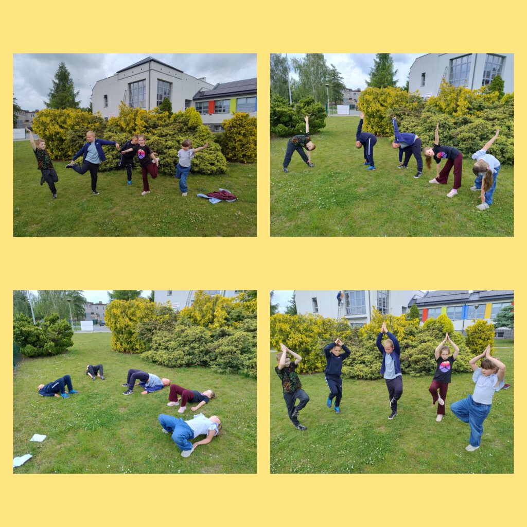 Move week z Moving School Challenger. Kolaż przedstawiający uczniów, którzy na świeżym powietrzu, przed wejściem do szkoły, wykonują ćwiczenia rozciągające w ramach jogi w plenerze.