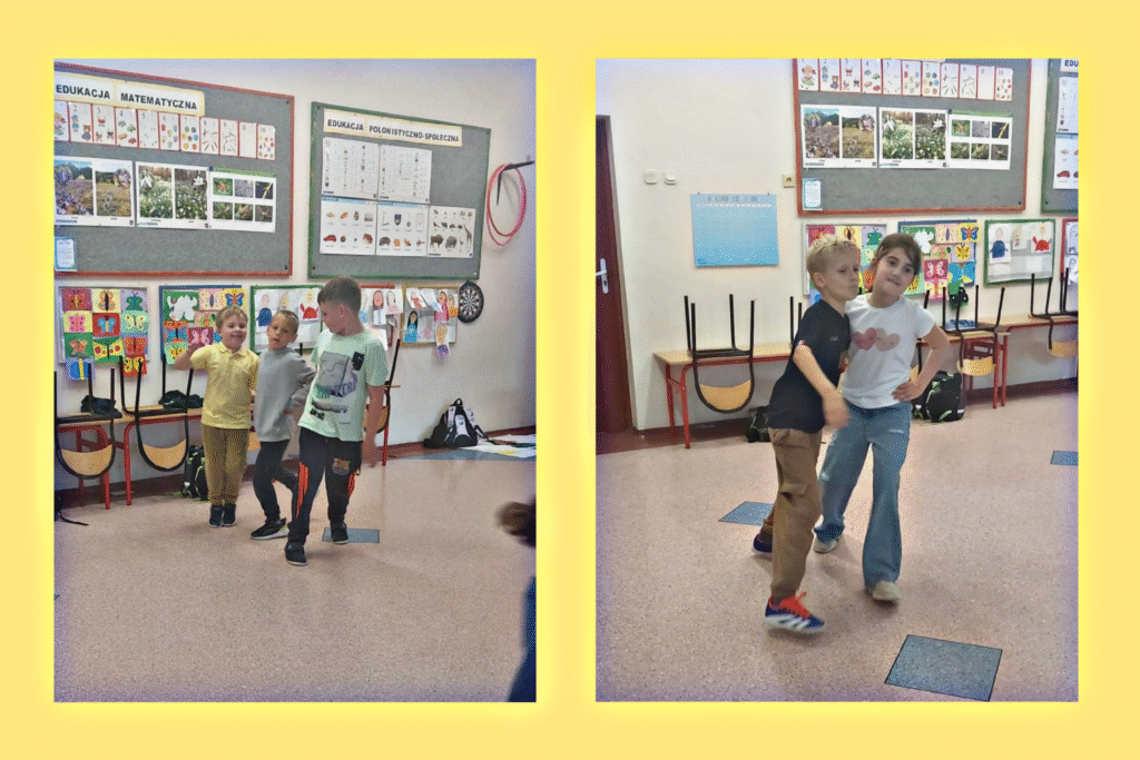 Move week z Moving School Challenger. Kolaż złożony z dwóch zdjęć przedstawiający uczniów tańczących krakowiaka w parach i trójkach.