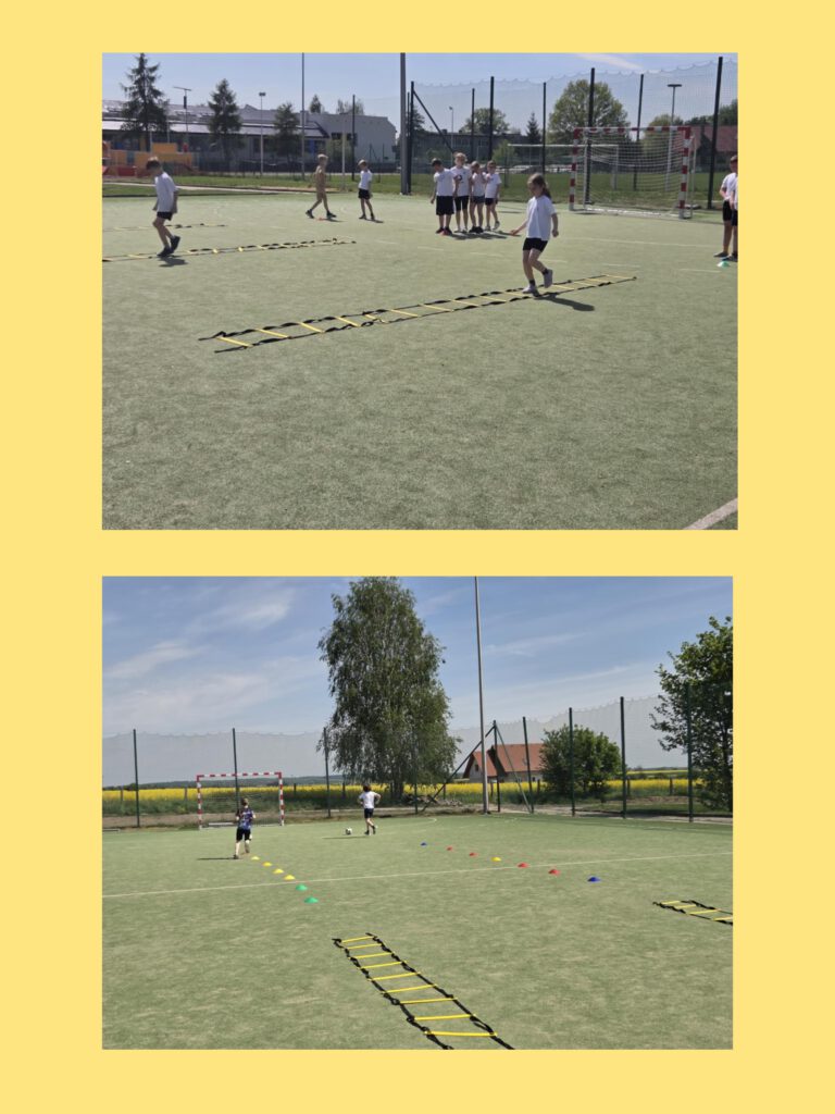 Move week z Moving School Challenger. Kolaż przedstawiający uczniów w sportowych strojach, którzy na orliku pokonują tor przeszkód.