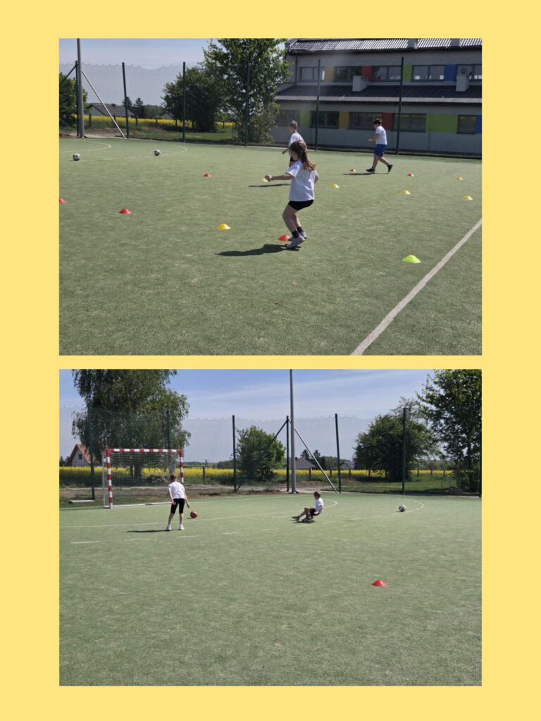 Move week z Moving School Challenger. Kolaż przedstawiający uczniów w sportowych strojach, którzy na orliku pokonują tor przeszkód.