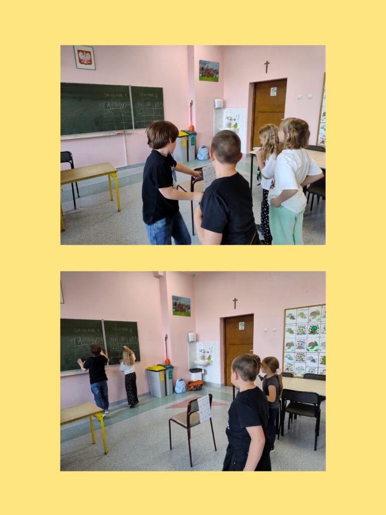 Move week z Moving School Challenger. Kolaż przedstawiający grupę uczniów w świetlicy szkolnej. Uczniowie podzieleni są na dwie drużyny. Ich zadaniem jest odwzorowanie sekwencji liczb i obrazków na tablicy. Drużyny rywalizują ze sobą.
