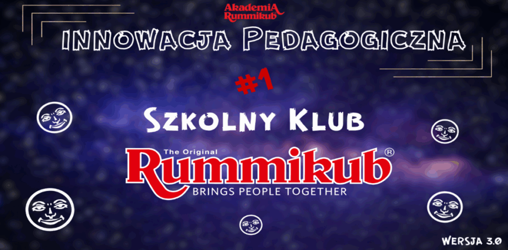 Zdjęcie przedstawia napis Innowacja pedagogiczna - Szkolny Klub Rummikub na niebieskim tle. Z boku namalowane są buźki jokerów.