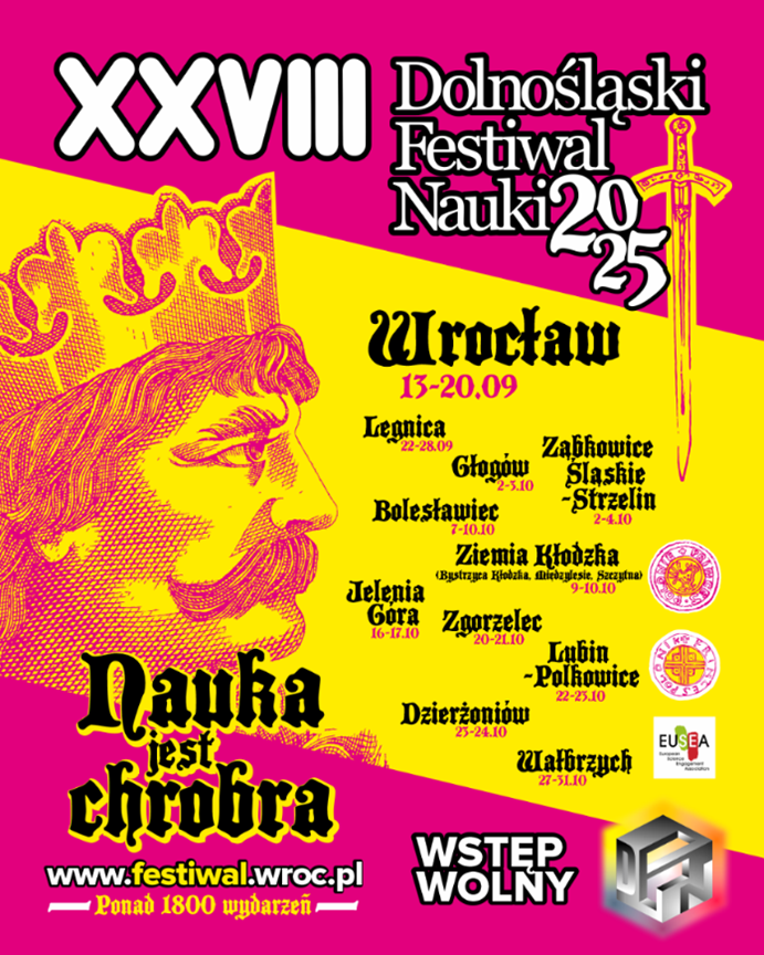 XXVIII edycja Dolnośląskiego Festiwalu Nauki „Nauka jest chrobra”. Plakat wydarzenia jest różowo-żółty a jego tło przedstawia twarz Bolesława Chrobrego, ponieważ hasło tegorocznego festiwalu brzmiało "nauka jest chrobra". Na plakacie czarną czcionką napisane są nazwy miejscowości z województwa dolnośląskiego, w których odbywają się zajęcia w ramach Dolnośląskiego Festiwalu Nauki.