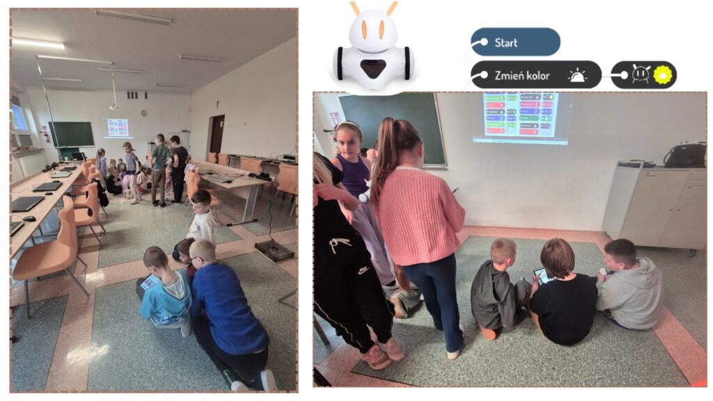 Zajęcia z programowania w klasie trzeciej. Uczniowie klasy 3a synchronizują taniec robotów - roboty tańczą i świecą.