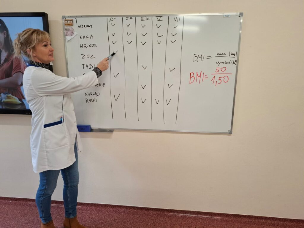 Spotkania ze specjalistami w ramach zajęć z edukacji zdrowotnej i przyrodniczej. Na zdjęciu szkolna pielęgniarka prezentuje dzieciom jak  dbać o zdrowie w różnym wieku.