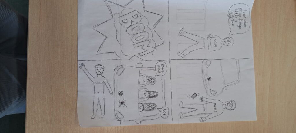 Odblaskowa szkoła 2025- komiksy uczniów. Na zdjęciu komiksy wykonane ręcznie prze uczniów w formie obrazkowej na temat bezpieczeństwa w ruchu drogowym, przy przechodzeniu przez jednię i stosowania zasad ruchu drogowego. 