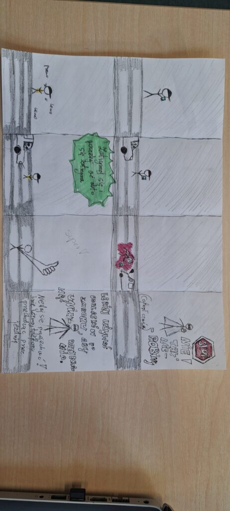 Odblaskowa szkoła 2025- komiksy uczniów. Na zdjęciu komiksy wykonane ręcznie prze uczniów w formie obrazkowej na temat bezpieczeństwa w ruchu drogowym, przy przechodzeniu przez jednię i stosowania zasad ruchu drogowego. 