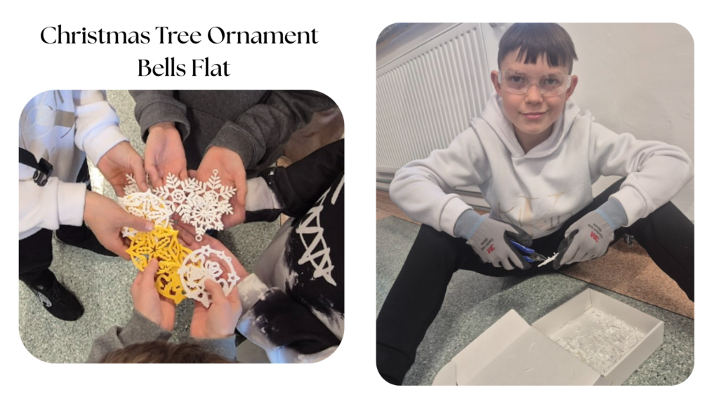 Gotowe wydruki 3D i proces wycinania elementów przez uczniów.