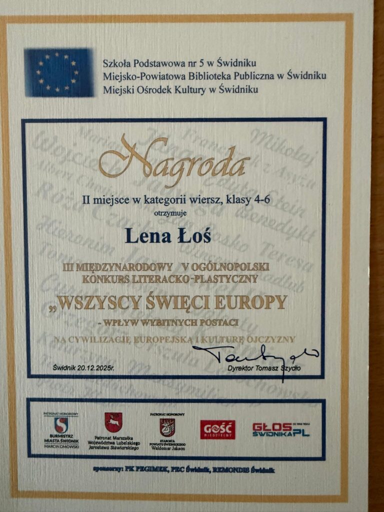 Na zdjęciu dyplom, który otrzymała uczennica klasy piątej w Międzynarodowym (V Ogólnopolskim Konkursie Literacko-Plastycznym.
