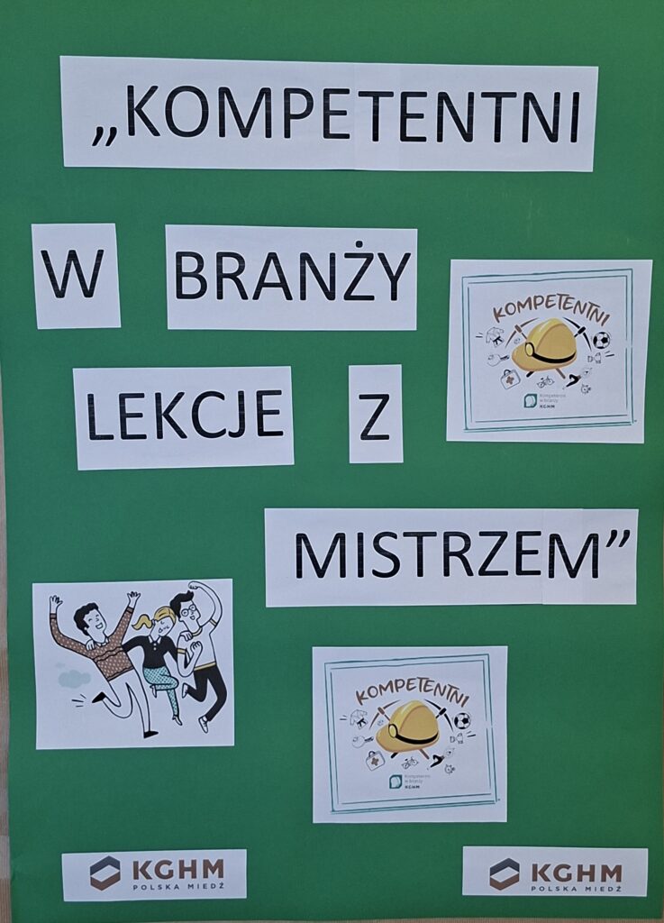 Zdjęcie przedstawia czarny napis programu "Kompetentni w branży.  Lekcje z Mistrzem" na biało-zielonym tle wraz z obrazkiem który przedstawia żółty kask z narzędziami oraz piłką do grania. Na drugim obrazku są 3 wesołe młode osoby.