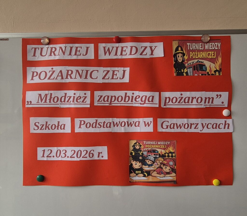 Plakat ma tło w intensywnej czerwieni. Na plakacie widnieje nazwa konkurs: Turniej wiedzy pożarniczej: " Młodzież zapobiega pożarom". Szkoła Podstawowa w Gaworzycach z datą 12 marca 2026r. Litery są czerwone na białej kartce, tak aby wyróżniały się na czerwonym tle. Plakat jest prosty, ma 2 małe obrazki przedstawiające strażaka i dzieci wypełniające test oraz strażaka, wóz strażacki. Głównym punktem uwagi jest sama nazwa konkursu.