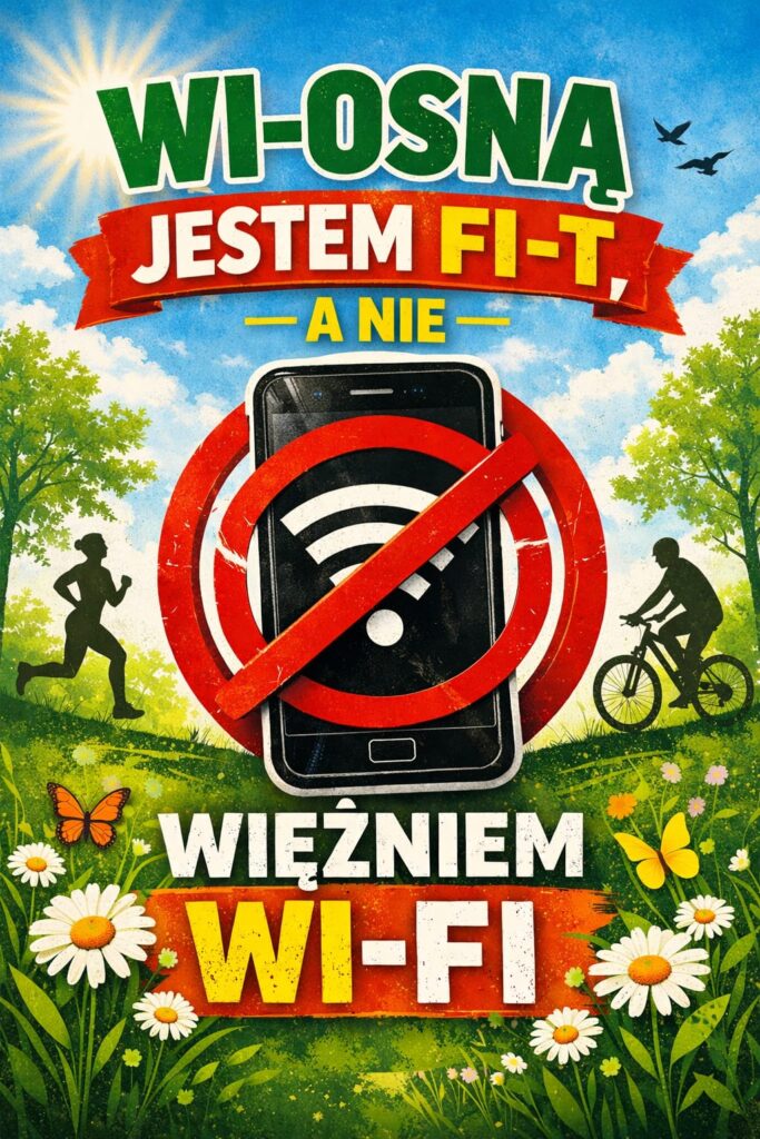 Kolorowy plakat z napisem: „Wi- osną jestem Fi-t - a nie więźniem Wi-Fi”
Na środku znajduje się przekreślony telefon komórkowy. Na dole plakatu kolorowe kwiaty a po bokach sylwetki osób uprawiających sport.