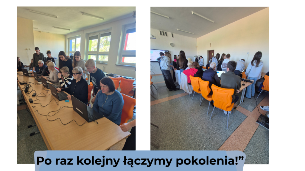 Uczniowie wspierają seniorów podczas pracy z komputerem.