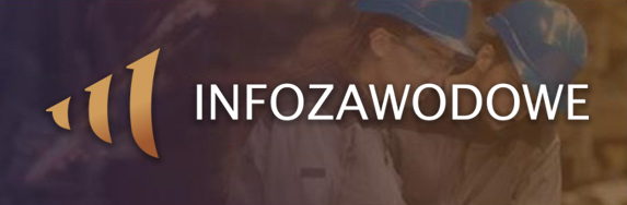 Przedstawia ona trzy złote, ukośne paski obok których jest biały napis INFOZAWODOWE. Tło infografiki stanowią dwie osoby w niebieskich kaskach, ubrane w odzież roboczą koloru beżowego.