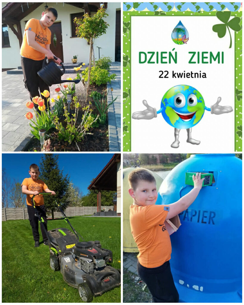 Na kolażu przedstawiono działania związane z obchodami Dnia Ziemi oraz dbaniem o środowisko naturalne.

W lewym górnym rogu widoczny jest chłopiec podlewający kwiaty i rośliny w przydomowym ogródku. Widać kolorowe tulipany oraz młode drzewko, co podkreśla troskę o zieleń i rozwój roślin.

W prawym górnym rogu znajduje się plakat z napisem „DZIEŃ ZIEMI – 22 kwietnia”. Na plakacie widnieje uśmiechnięta postać Ziemi, która symbolizuje potrzebę ochrony naszej planety.

W lewym dolnym rogu chłopiec kosi trawnik na posesji. Dbanie o porządek i estetykę otoczenia jest jednym z elementów troski o środowisko oraz najbliższą przestrzeń życiową.

W prawym dolnym rogu chłopiec wrzuca papier do niebieskiego pojemnika przeznaczonego do segregacji odpadów. Zdjęcie promuje prawidłową segregację śmieci i recykling.