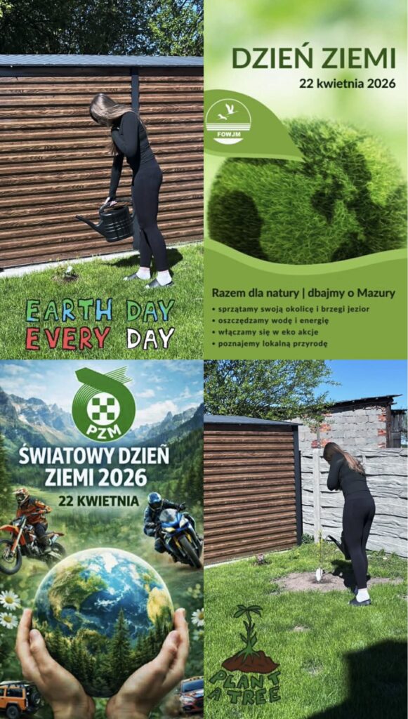 Na kolażu związanym z Dniem Ziemi 2026 widać osobę wykonującą działania na rzecz środowiska naturalnego.

W lewym górnym rogu osoba podlewa młode drzewko posadzone na trawniku. Obok znajduje się napis „EARTH DAY EVERY DAY”, który przypomina, że o Ziemię należy dbać każdego dnia.
W prawym górnym rogu umieszczono plakat promujący Dzień Ziemi obchodzony 22 kwietnia 2026 roku. Zawiera on hasła zachęcające do sprzątania okolicy, oszczędzania wody i energii, udziału w akcjach ekologicznych oraz poznawania lokalnej przyrody.
W lewym dolnym rogu znajduje się grafika promująca Światowy Dzień Ziemi 2026. Widać na niej kulę ziemską trzymaną w dłoniach na tle gór i przyrody, co symbolizuje troskę o naszą planetę.
W prawym dolnym rogu osoba sadzi młode drzewko w ogrodzie. Dodatkowo widoczny jest napis „PLANT A TREE”, zachęcający do sadzenia drzew.