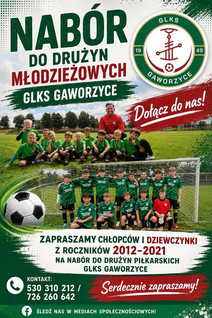 Na zdjęciu znajduje się plakat zachęcający dzieci i młodzież do dołączenia do drużyn piłkarskich GLKS Gaworzyce. Plakat utrzymany jest głównie w kolorach zielonym, białym i czerwonym.
W górnej części widnieje duży napis „Nabór do drużyn młodzieżowych” oraz herb klubu. W centralnej części umieszczono zdjęcia młodych piłkarzy wraz z trenerem oraz dużą piłkę nożną. W tle znajduje się boisko piłkarskie.
Plakat informuje, że klub zaprasza chłopców i dziewczynki z roczników 2012–2021. Na dole podano numery telefonów kontaktowych oraz zachętę do śledzenia klubu w mediach społecznościowych.