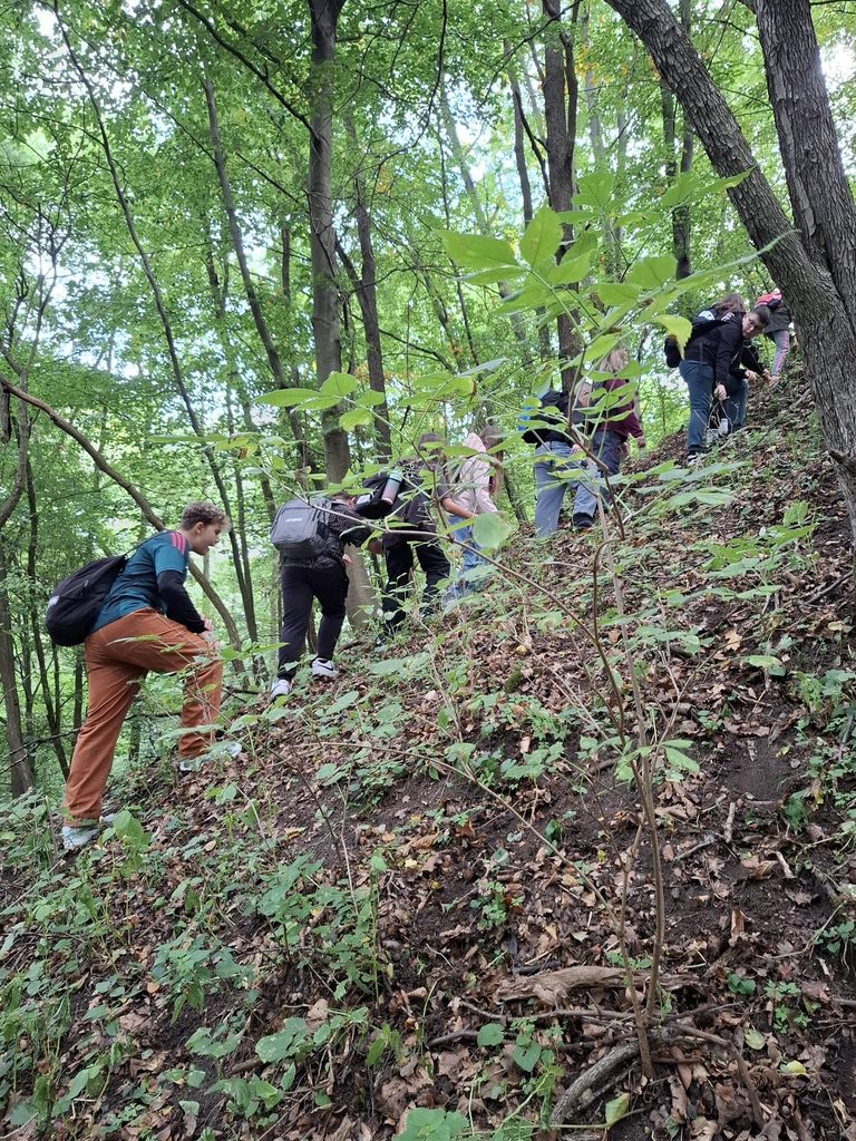 Na zdjęciu uczniowie klas 6a i 6b poruszający się ścieżką przyrodniczą Wzgórz Dalkowskich.