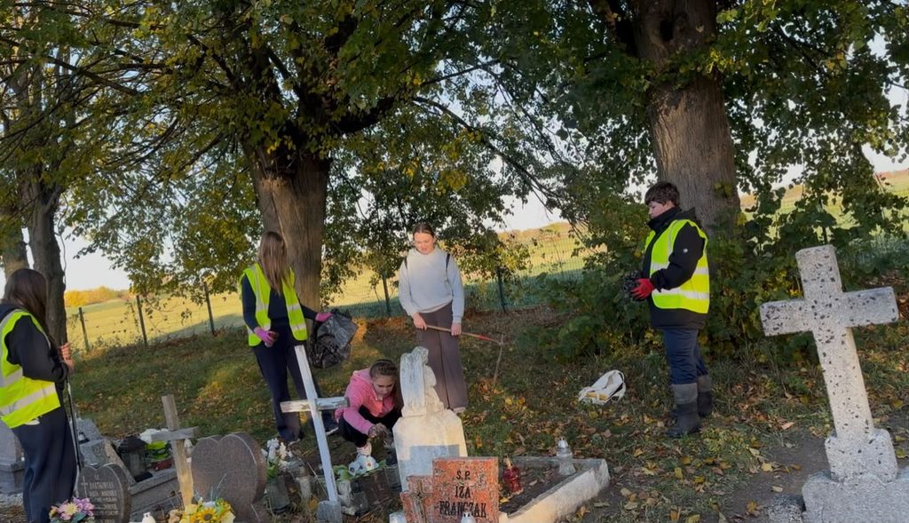 Na zdjęciu widać pięć osób przebywających na cmentarzu, podczas porządkowania i sprzątania grobów. Scena rozgrywa się jesienią, o czym świadczą pożółkłe liście na drzewach i ziemi.Na zdjęciu znajduje się stary cmentarz z różnymi nagrobkami, wśród których widać kamienne i betonowe krzyże, znicze oraz sztuczne kwiaty. W tle rosną duże drzewa, a za ogrodzeniem rozciąga się zielony teren. Promienie słońca oświetlają część cmentarza, nadając fotografii spokojny, jesienny