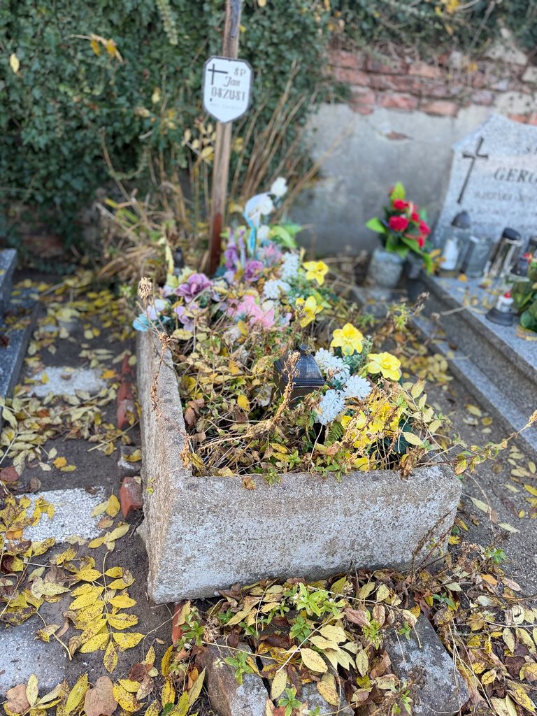 w centralnym miejscu zdjęcia znajduje się stary, betonowy nagrobek. Leżą na nim liście  i stare znicze, jest zarośnięty chwastami. Na nagrobku znajduje się krzyż z napisem Jan Oszust. Za pomnikiem widać stary mur cmentarza oraz drzewo. Z prawej widoczny jest inny nagrobek.