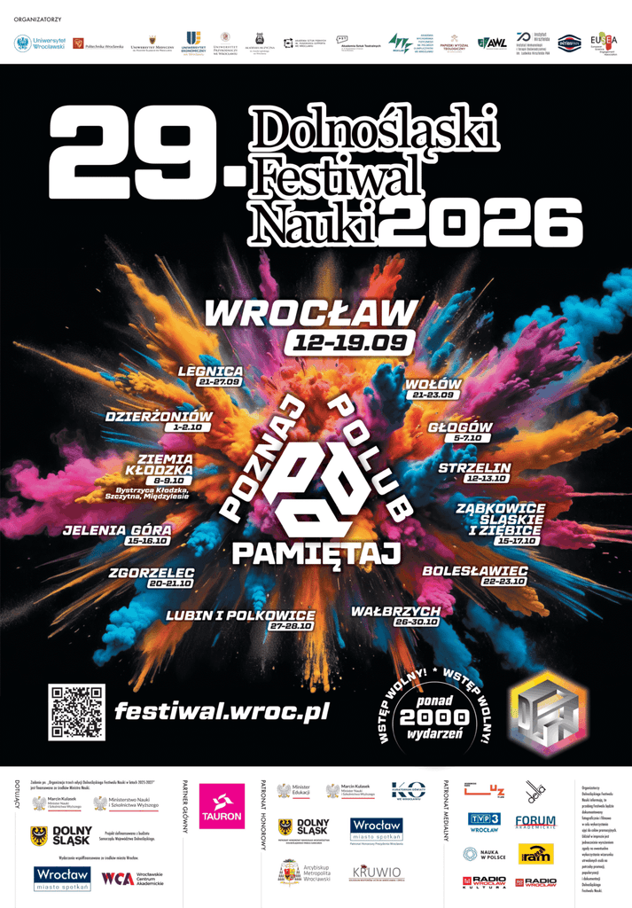 Zdjęcie przedstawia kolorowy plakat Dolnośląskiego Festiwalu Nauki, który symbolizuje wiele punktów spotkań i kierunków rozwoju. Projekt plakatu opiera się na skojarzeniach związanych z kolorem, energią i ruchem, co ma pokazywać naukę jako żywą, fascynująca dziedzinę.
Zdjęcie 2